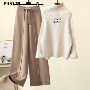 PASUXI nouveau femmes décontracté hiver double ensemble col roulé à manches longues câble tricot pull et pantalon ample automne hiver vêtements