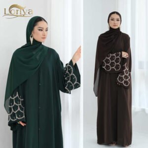 Loriya musulman une pièce luxe perlé manches nouvelle Abaya avec boutons avant modeste Nida Kimono ouvert devant Abaya vêtements islamiques
